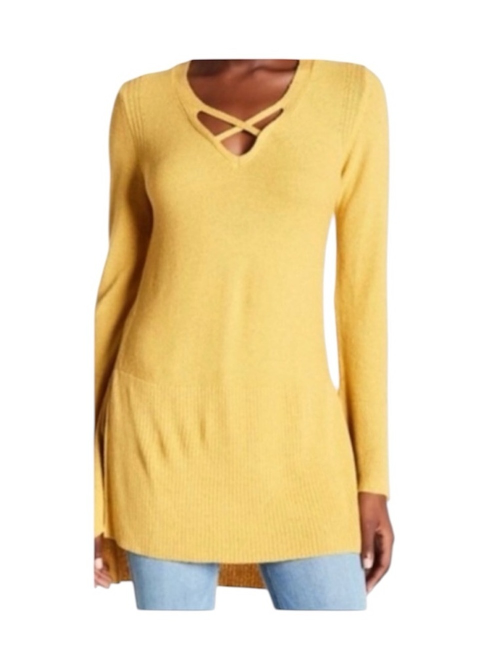 Free People Criss Cross Tunic Sweater Mustard Gold Yellow Side Slit Knit